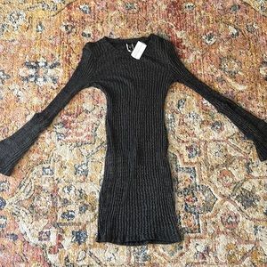 Ribbed long sleeve midi navy blue dress